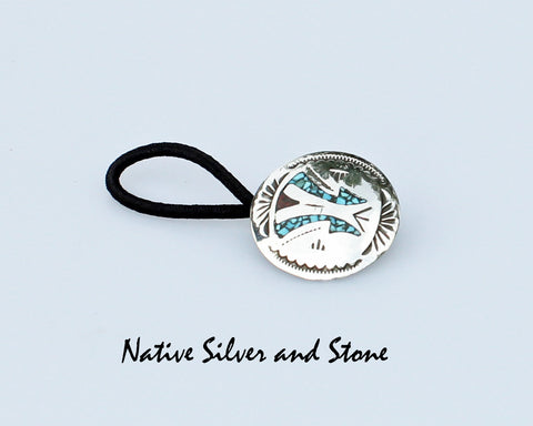 Z Joleen Yazzie - Navajo<br>1" Hair Tie -Button - Small <br>Mosaic Chip Turquoise & Coral Inlay<br>Stamped Designs<br>Sterling Silver