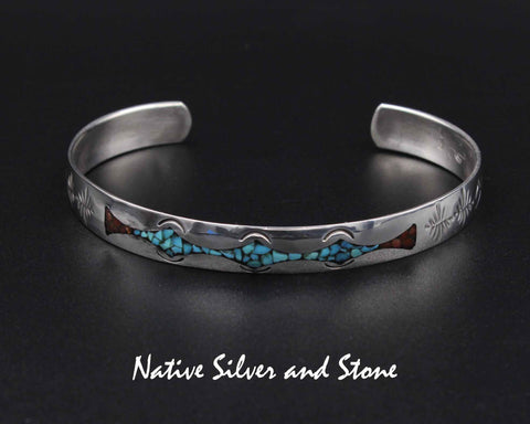 Z Jolene Yazzie - Navajo<br>3/8" Bracelet - Cuff<br>Mosaic Chip Turquoise & Coral<br>Sterling Silver<br>Size: 7