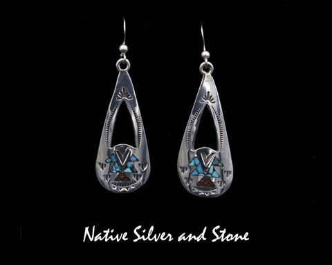 Z Jolene Yazzie - Navajo<br>1-9/16" Earrings<br>Mosaic Chip Turquoise & Coral<br>Inlay Teardrop<br>Hook<br>Sterling Silver