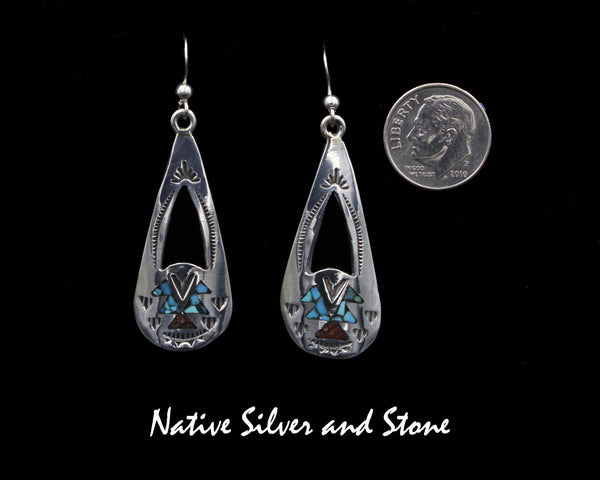 Z Jolene Yazzie - Navajo<br>1-9/16" Earrings<br>Mosaic Chip Turquoise & Coral<br>Inlay Teardrop<br>Hook<br>Sterling Silver