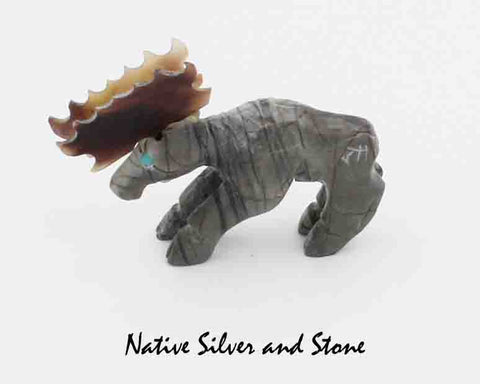 Z Moose - Zuni Fetish Carving<br>Jonas Hustito<br>Picasso Marble, Shell, Turquoise Accents