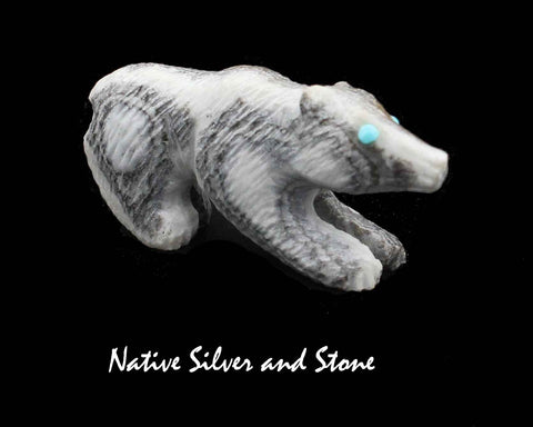 Z Bear on Fours<br>Zuni Fetish Carving<br>Jonas Hustito<br>Alabaster w Turquoise Eyes