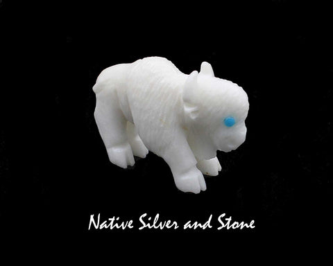 Z Bison-Buffalo<br>Zuni Fetish Carving<br>Jonas Hustito<br>Alabaster w Turquoise Eyes