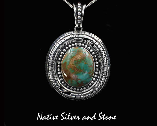 Jonathan Nez - Navajo<br>2-9/16" Pendant<br>XL Royston Turquoise Oval<br>Overlay Cuts & Beads<br>Handmade Oxidized Sterling Silver