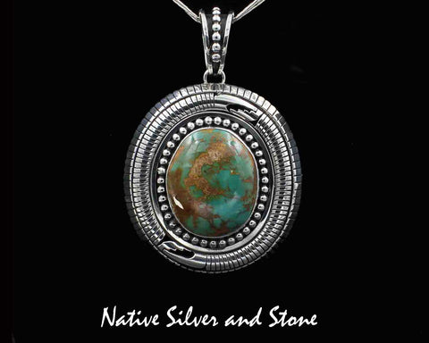 Jonathan Nez - Navajo<br>2-9/16" Pendant<br>XL Royston Turquoise Oval<br>Overlay Cuts & Beads<br>Handmade Oxidized Sterling Silver