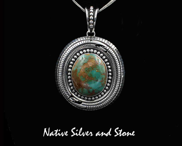 Jonathan Nez - Navajo<br>2-9/16" Pendant<br>XL Royston Turquoise Oval<br>Overlay Cuts & Beads<br>Handmade Oxidized Sterling Silver