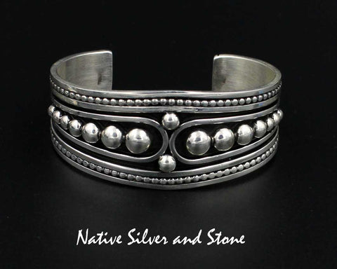 Jonathan Nez - Navajo<br>1-1/8" Bracelet (Cuff)<br>Graduated Dots, Beads and Swirl<br>Handmade Oxidized Sterling Silver<br>Size 6-3/8
