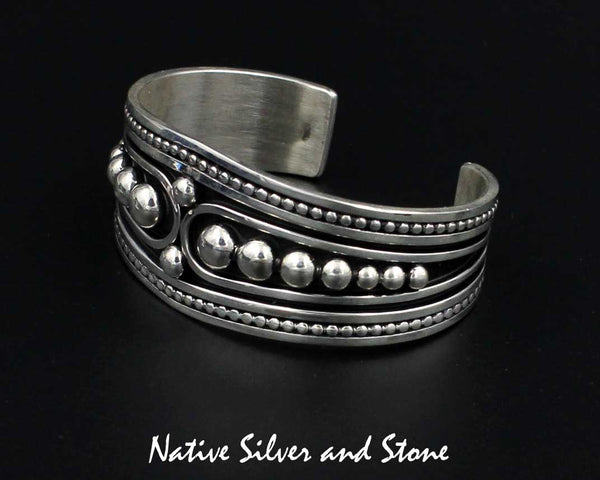 Jonathan Nez - Navajo<br>1-1/8" Bracelet (Cuff)<br>Graduated Dots, Beads and Swirl<br>Handmade Oxidized Sterling Silver<br>Size 6-3/8