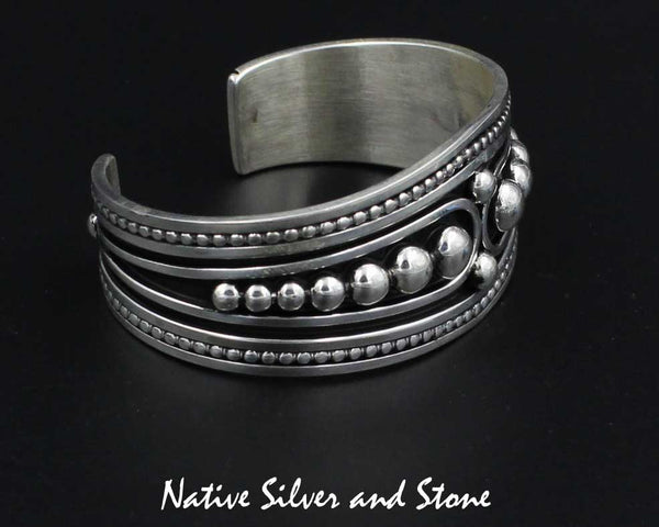 Jonathan Nez - Navajo<br>1-1/8" Bracelet (Cuff)<br>Graduated Dots, Beads and Swirl<br>Handmade Oxidized Sterling Silver<br>Size 6-3/8