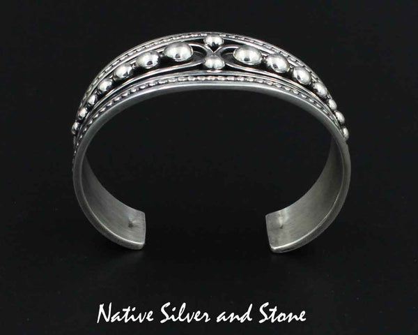 Jonathan Nez - Navajo<br>1-1/8" Bracelet (Cuff)<br>Graduated Dots, Beads and Swirl<br>Handmade Oxidized Sterling Silver<br>Size 6-3/8