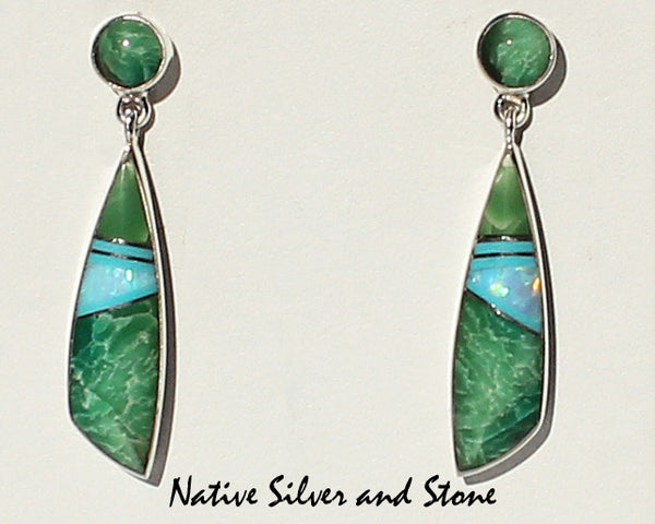 Z Julius Burbank - Navajo Jewelry<br>Earrings - Round Top Long Shark Fin<br>Dangle Post Multi-Inlay <br>Amazonite, Opal, and Turquoise