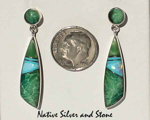 Z Julius Burbank - Navajo Jewelry<br>Earrings - Round Top Long Shark Fin<br>Dangle Post Multi-Inlay <br>Amazonite, Opal, and Turquoise