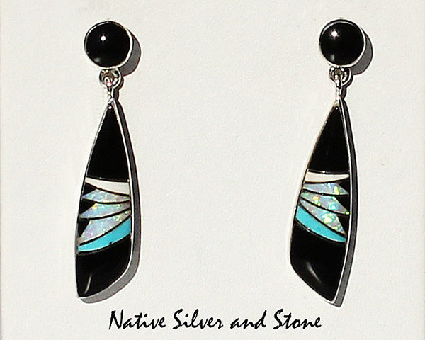 Z Julius Burbank - Navajo Jewelry<br>Earrings - Round Top Long Shark Fin<br>Dangle Post Multi-Inlay <br>Onyx, Opal, Magnesite<br>and Turquoise