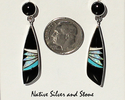 Z Julius Burbank - Navajo Jewelry<br>Earrings - Round Top Long Shark Fin<br>Dangle Post Multi-Inlay <br>Onyx, Opal, Magnesite<br>and Turquoise