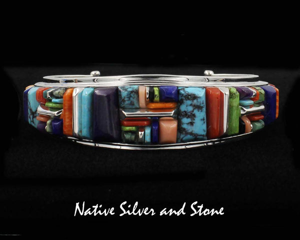Z Julius Burbank &<br>Sherry Barney - Navajo<br>Bracelet - Handmade Cuff<br>Multi-Inlay Cornrow Cobblestone<br>(8) High Grade Natural Stones<br>Size 6-1/2 - 6-5/8 (Medium)