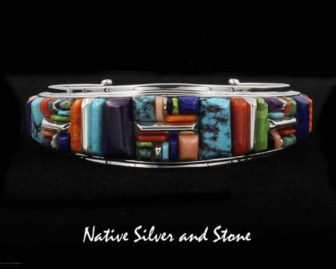 Z Julius Burbank &<br>Sherry Barney - Navajo<br>Bracelet - Handmade Cuff<br>Multi-Inlay Cornrow Cobblestone<br>(8) High Grade Natural Stones<br>Size 6-1/2 - 6-5/8 (Medium)