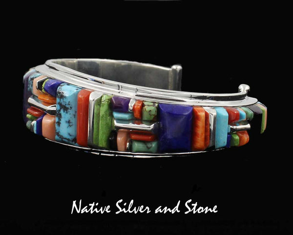 Z Julius Burbank &<br>Sherry Barney - Navajo<br>Bracelet - Handmade Cuff<br>Multi-Inlay Cornrow Cobblestone<br>(8) High Grade Natural Stones<br>Size 6-1/2 - 6-5/8 (Medium)
