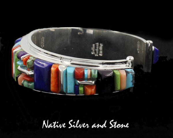 Z Julius Burbank &<br>Sherry Barney - Navajo<br>Bracelet - Handmade Cuff<br>Multi-Inlay Cornrow Cobblestone<br>(8) High Grade Natural Stones<br>Size 6-1/2 - 6-5/8 (Medium)