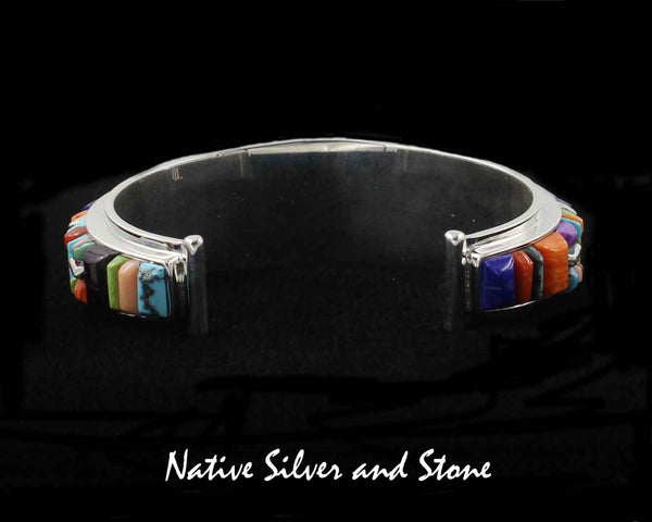 Z Julius Burbank &<br>Sherry Barney - Navajo<br>Bracelet - Handmade Cuff<br>Multi-Inlay Cornrow Cobblestone<br>(8) High Grade Natural Stones<br>Size 6-1/2 - 6-5/8 (Medium)