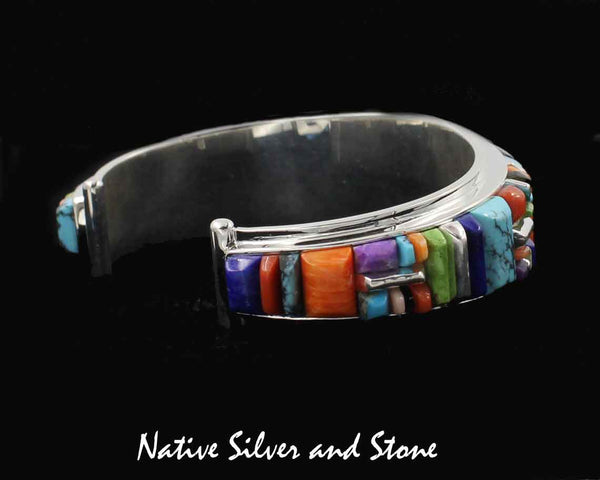 Z Julius Burbank &<br>Sherry Barney - Navajo<br>Bracelet - Handmade Cuff<br>Multi-Inlay Cornrow Cobblestone<br>(8) High Grade Natural Stones<br>Size 6-1/2 - 6-5/8 (Medium)