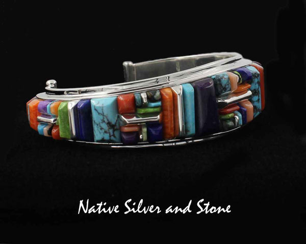 Z Julius Burbank &<br>Sherry Barney - Navajo<br>Bracelet - Handmade Cuff<br>Multi-Inlay Cornrow Cobblestone<br>(8) High Grade Natural Stones<br>Size 6-1/2 - 6-5/8 (Medium)