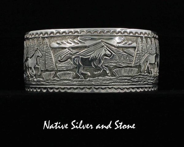 June Defauito- Navajo<br>1-5/16" Bracelet - Cuff<br>Storyteller Horses<br>Front & Back<br>Overlay & Stamped<br>Oxidized<br>Sterling Silver<br>Size 7-5/8"