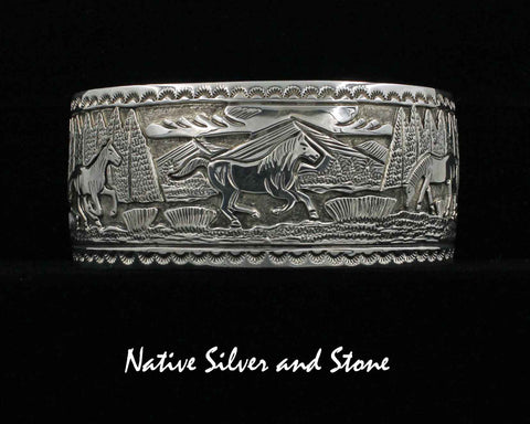 June Defauito- Navajo<br>1-5/16" Bracelet - Cuff<br>Storyteller Horses<br>Front & Back<br>Overlay & Stamped<br>Oxidized<br>Sterling Silver<br>Size 7-5/8"
