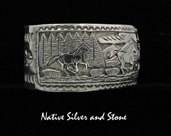 June Defauito- Navajo<br>1-5/16" Bracelet - Cuff<br>Storyteller Horses<br>Front & Back<br>Overlay & Stamped<br>Oxidized<br>Sterling Silver<br>Size 7-5/8"