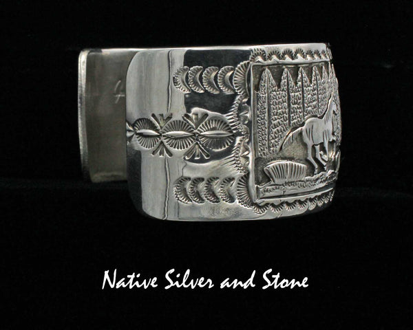 June Defauito- Navajo<br>1-5/16" Bracelet - Cuff<br>Storyteller Horses<br>Front & Back<br>Overlay & Stamped<br>Oxidized<br>Sterling Silver<br>Size 7-5/8"