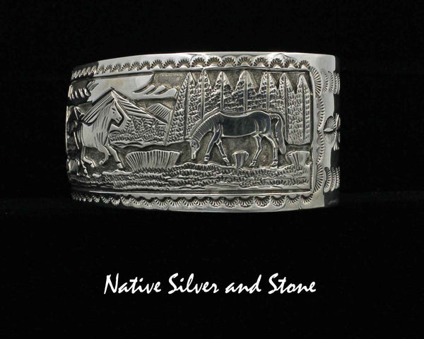 June Defauito- Navajo<br>1-5/16" Bracelet - Cuff<br>Storyteller Horses<br>Front & Back<br>Overlay & Stamped<br>Oxidized<br>Sterling Silver<br>Size 7-5/8"