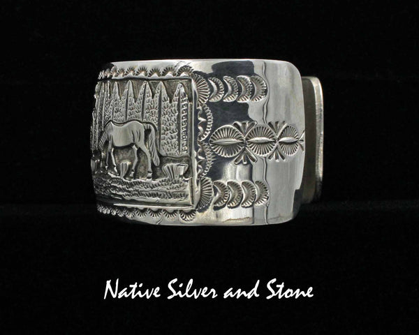 June Defauito- Navajo<br>1-5/16" Bracelet - Cuff<br>Storyteller Horses<br>Front & Back<br>Overlay & Stamped<br>Oxidized<br>Sterling Silver<br>Size 7-5/8"