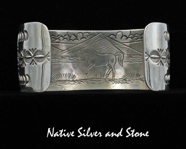 June Defauito- Navajo<br>1-5/16" Bracelet - Cuff<br>Storyteller Horses<br>Front & Back<br>Overlay & Stamped<br>Oxidized<br>Sterling Silver<br>Size 7-5/8"