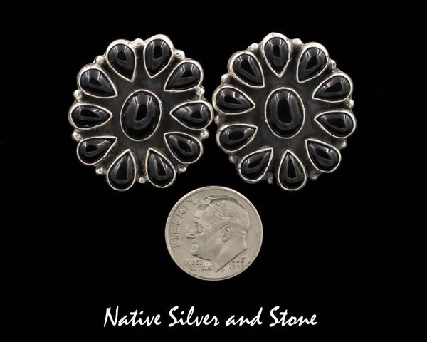 Z Kee C Cook - Navajo<br>1" Earrings<br>Ovals with<br>Onyx Clusters<br>Sterling Silver