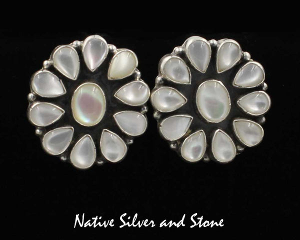 Kee C Cook - Navajo<br>1" Earrings<br>Ovals with<br>Mother of Pearl Clusters<br>Sterling Silver