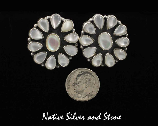 Kee C Cook - Navajo<br>1" Earrings<br>Ovals with<br>Mother of Pearl Clusters<br>Sterling Silver