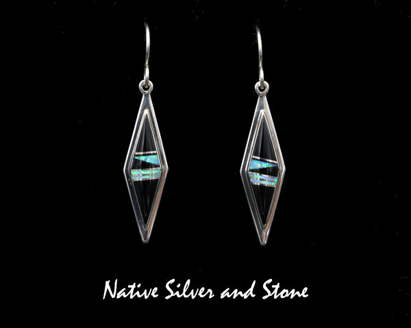 Z Kenneth Bitsie - Navajo<br>1-3/8" Earrings<br>"Diamond"<br>Onyx, Black Onyx & Opal<br>Hook<br>Sterling Silver