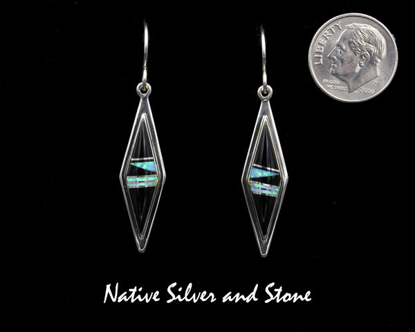 Z Kenneth Bitsie - Navajo<br>1-3/8" Earrings<br>"Diamond"<br>Onyx, Black Onyx & Opal<br>Hook<br>Sterling Silver