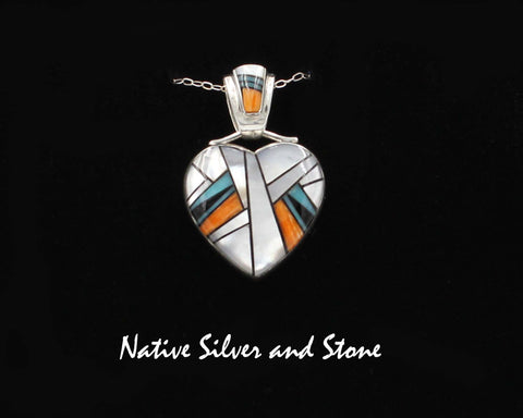 Z Kenneth Bitsie - Navajo<br>Pendant<br>Multi-Inlay Heart<br>White Mother of Pearl<br>Turquoise, Orange Spiny, Onyx<br>Sterling Silver
