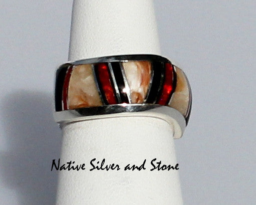 Z Kenneth Bitsie - Navajo<br>Ring<br>Wave Band<br>Natural Caramel Opal, Red Opal, Onyx<br>Sterling Silver<br>Size 6-1/4
