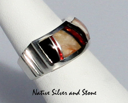 Z Kenneth Bitsie - Navajo<br>Ring<br>Wave Band<br>Natural Caramel Opal, Red Opal, Onyx<br>Sterling Silver<br>Size 6-1/4