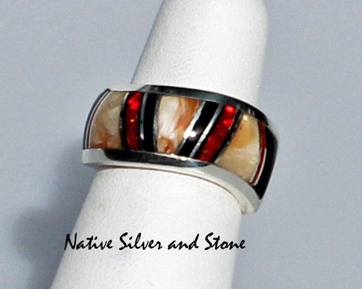 Z Kenneth Bitsie - Navajo<br>Ring<br>Wave Band<br>Natural Caramel Opal, Red Opal, Onyx<br>Sterling Silver<br>Size 6-1/4