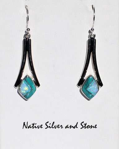 Z Kenneth Bitsie - Navajo<br>1-3/4" Earrings Multi-Inlay<br>Wishbone Diamonds<br>Amazonite, Turquoise, & Opal<br>Hook<br>Sterling Silver