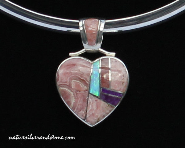 Z Kenneth Bitsie - Navajo<br>Pendant (Only)<br>Multi-Inlay Pink Heart<br>Rhodochrosite, Sugilite, & Opal<br>Sterling Silver