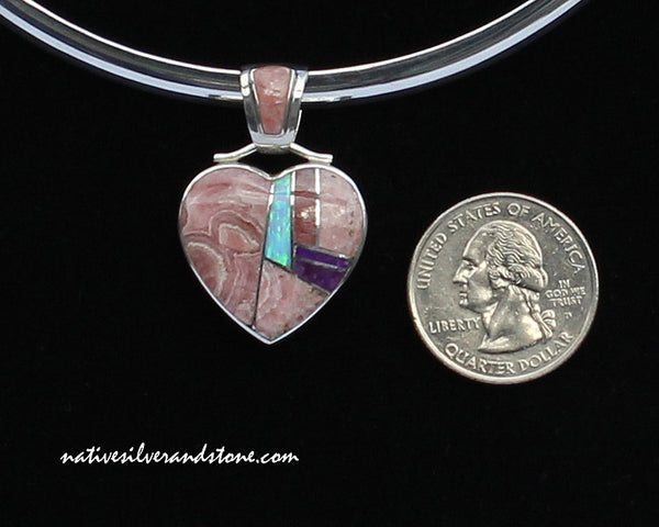Z Kenneth Bitsie - Navajo<br>Pendant (Only)<br>Multi-Inlay Pink Heart<br>Rhodochrosite, Sugilite, & Opal<br>Sterling Silver
