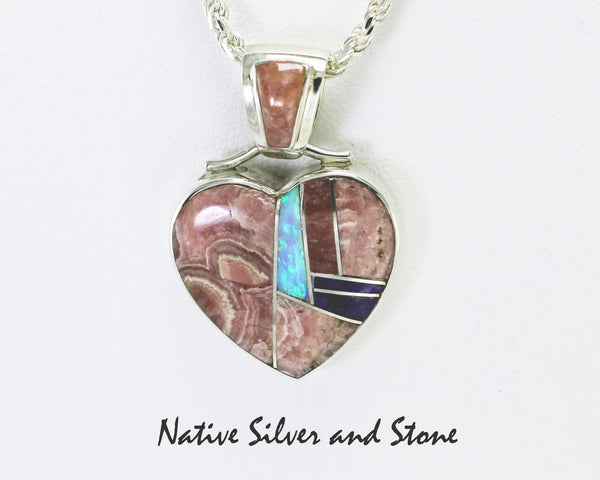 Z Kenneth Bitsie - Navajo<br>Pendant (Only)<br>Multi-Inlay Pink Heart<br>Rhodochrosite, Sugilite, & Opal<br>Sterling Silver