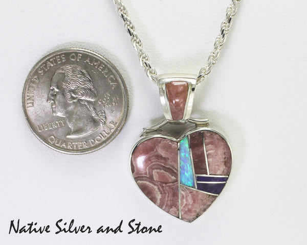 Z Kenneth Bitsie - Navajo<br>Pendant (Only)<br>Multi-Inlay Pink Heart<br>Rhodochrosite, Sugilite, & Opal<br>Sterling Silver