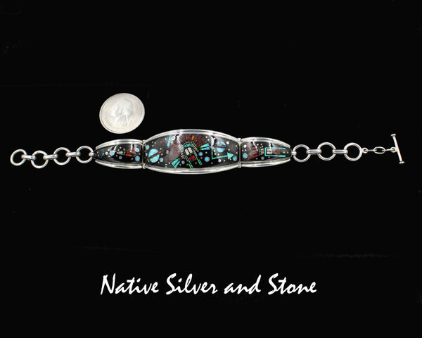 Z Kenneth Bitsie & Clayton Tom- Navajo<br>Bracelet - Link<br>Micro-Inlay<br>Onyx, Turquoise (2), Jasper, & Opal<br>Sterling Silver