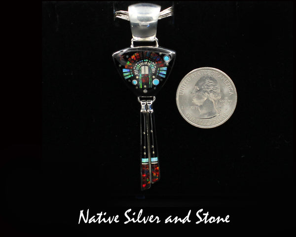 Z Kenneth Bitsie & Clayton Tom- Navajo<br>Pendant - Walking Fan<br>Micro-Inlay<br>Onyx, Turquoise (2), Jasper, & Opal<br>Sterling Silver