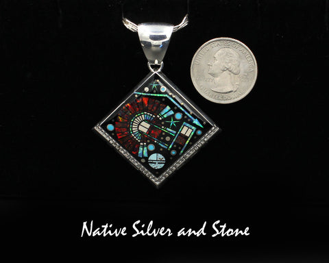 Z Kenneth Bitsie & Clayton Tom- Navajo<br>Pendant - XL Diamond<br>Micro-Inlay<br>Onyx, Turquoise (2), Jasper, & Opal<br>Sterling Silver