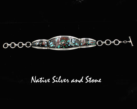 Z Kenneth Bitsie & Clayton Tom- Navajo<br>Bracelet - Link<br>Micro-Inlay<br>Onyx, Turquoise (2), Jasper, & Opal<br>Sterling Silver